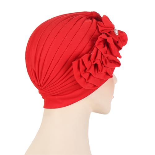 Flower Turban Hats for Women - Ruffle Bead Stretch Solid Caps Chemo Cancer Pre Tied Headscarf Headwear - color: Red