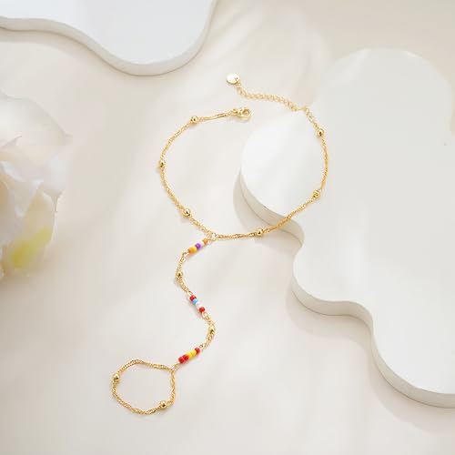 Hand Chain Bracelets for Women - 14K Real Gold Plated Dainty Stackable Paperclip Link Bracelets Hand Chain Bracelet Ring Gold Bracelets for Women Trendy - color: Colorful Singapore Baed Hand Chain