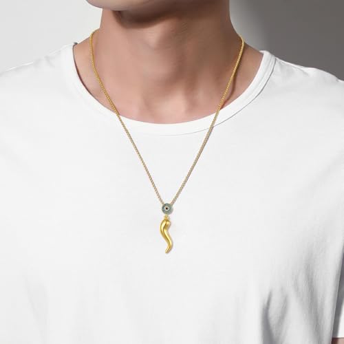 INFUSEU Italian Horn Necklace with Evil Eye for Women Protection Good Luck Gifts - color: Gold, style: Style A