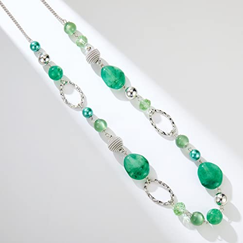 BULINLIN Beaded Long Necklace for Women Silver Sweater Chain Necklace with Crystal Resin Beads, Fashion Jewelry Necklace - color: Jade green