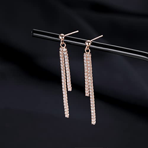 SLUYNZ 925 Sterling Silver Simulated Diamond Drop Earrings Linear Dangle Earrings for Women Teens Eelgant Wedding Bridal Prom Earrings Dainty CZ Long Dangling Earrings Tassel 4.5 cm/7.5 cm - color: C-Rose Color-4.5cm
