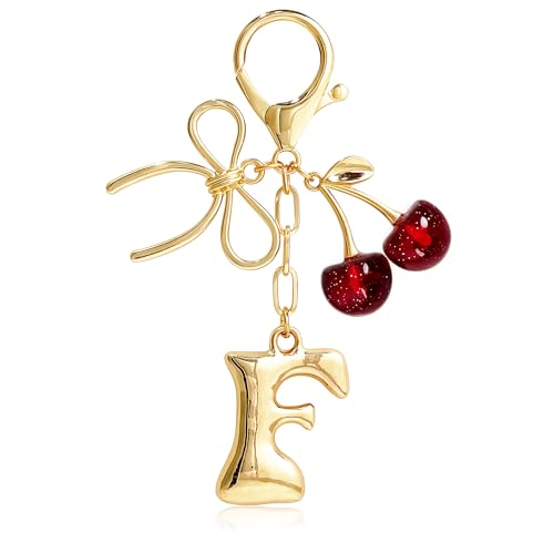 Cute Initial Cherry, Bow, Heart & More Styles - Personalized Keychain Bag Charms & Purse Accessories for Handbags - color: Red Cherry, style: F