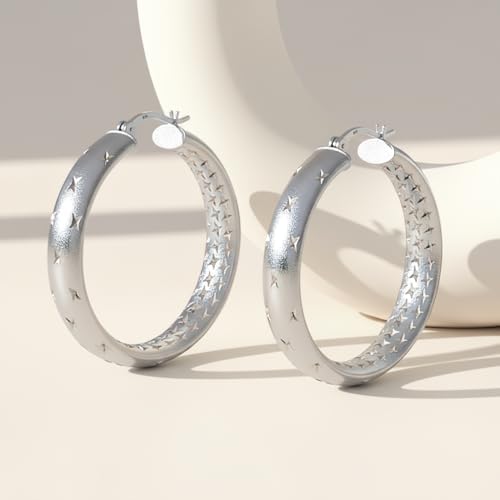 LeCalla 925 Sterling Silver Hoop Earrings for Women | 14K Gold-Plated & Rose Gold-Plated Diamond-Cut Hoop Earrings | Textured Click-Top Hoops Earring Jewelry - color: Silver Double DC-30MM
