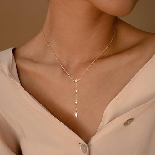 CHESKY Long Necklaces for Women, 14k Gold Plated/Streling Silver Lariat Necklace Dainty Statement Prom Necklace Rosary Cross Sun Drop Pendant Dangle Necklace Gold Prom Jewelry for Women Gifts - style: y necklace 10