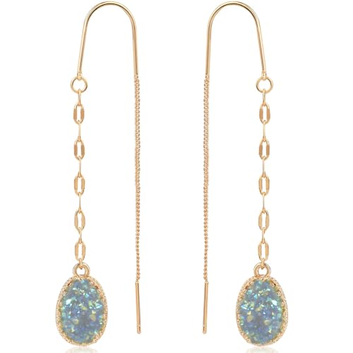 Simulated Druzy Threader Earrings for Women - Gold, Silver, or Rose Gold Tone Long Chain Earrings with Boho Created Geode Stone - color: Gold - Light Blue Stone