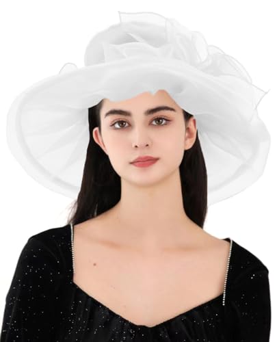Women's Kentucky Derby Church Dress Hat Wide Brim Leaf Flower Bridal Shower Hat - color: G1-white