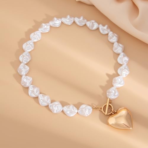 Statement Chunky Gold Heart Pendant Necklace for Women Trendy Boho Baroque Pearl Chain Choker Big Silver Love OT Buckle Necklaces Party Prom Jewelry Gift - color: Gold