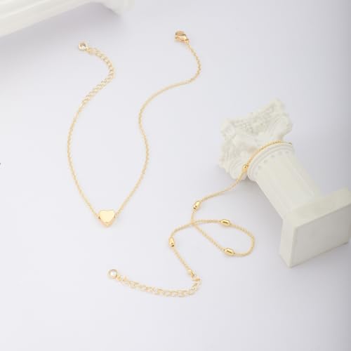 MIDEEO Gold/Silver Ankle Bracelets for Women,14K Gold Anklets for Women Waterproof Cuban Link Heart Beads Herringbone Rhinestone Anklets Set Layered Anklet Bracelets for Women Gold Jewelry Gift - style: 2 Layers Anklet C-Gold