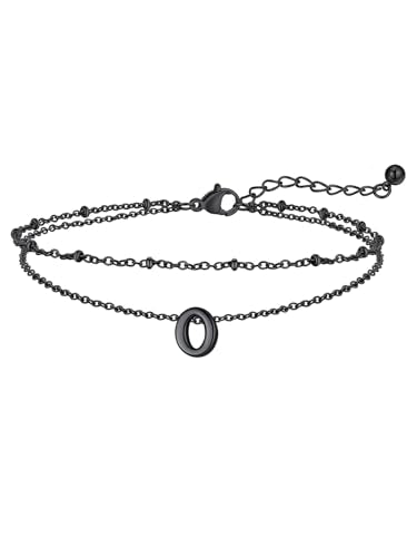 FaithHeart Initial Ankle Bracelets for Women, Waterproof 14k Gold Plated Initial Anklets Non Tarnish Stainless Steel Cute Layered Anklet Summer Beach Jewelry - color: Black, size: Initial O