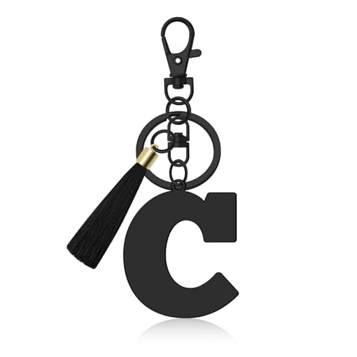 Oubaka Initial Monogram A-Z Keychain for Women, Cute Initial Letter Keychain with Tassel for Handbag Car Key Bag Keyring - color: Black-c