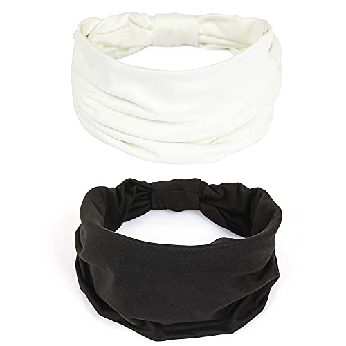 GiLi 2 Pack Wide Headbands for Women Boho African Knotted Non Slip Fashion Hair Bands Yoga Running Sports Workout Gym Head Wraps Elastic Soft Cotton Cloth Turbans Bandana for Girls (White,Black) - color: 2 Color (White+Black)
