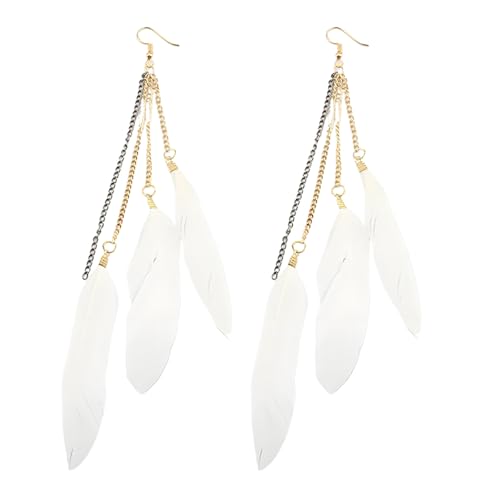 coadipress Boho Piercing Tassel Feather Long Chain Earrings Retro Lightweight Native Feather Dangle Drop Earrings for Women Bohemian Handmade Natural Feathers Earring Jewelry - color: White