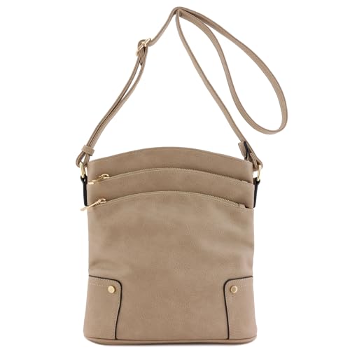 ALYSSA Triple Zip Pocket Large Crossbody Bag - color: Sand