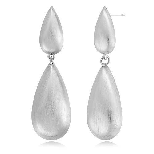 Stud Earrings for Women 14k Gold Plated Geometric Dangle Earrings Lightweight Minimalist Handmade Hammered Texture Oval Disc Drop Double-layer Big Hoop Dangle Earrings for Women - color: Silver Brushed Teardrop