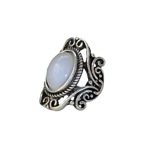 JerMrasra 925 Sterling Silver Vintage Natural Moonstone Rings Antique Boho Ladies Jewelry Elegant Gemstone Wedding Rings Geometric Cut-Out Filigree Women’s Ring Cocktail Party Rings 8 - size: 8