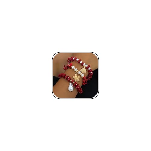 Boho Summer Bracelets for Women, Layered Beach Bracelets Set with Starfish Shell Pearl Charms, Colorful Beaded Bohemian Stackable Jewelry, Elastic Vacation Accessories Summer Outfit Jewelry - color: A3：Red Bracelet