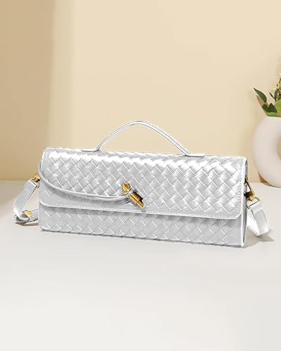 NEWBELLA Handwoven Women's Clutch Purse, Crossbody Bag with Adjustable Strap for Evening & Casual Use - color: Sliver