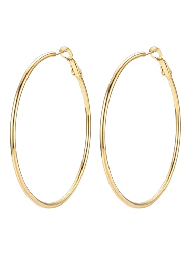 FOCALOOK 14K Gold Plated Lightweight Large Hoops| 2mm Thin Hoop Earrings for Women 30/40/50/70/100mm - color: 01.Gold, size: 60mm
