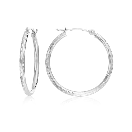 10K White Gold Hand Engraved Full Diamond-cut Round Hoop Earrings, Secure Latch Back Closure - style: 25mm