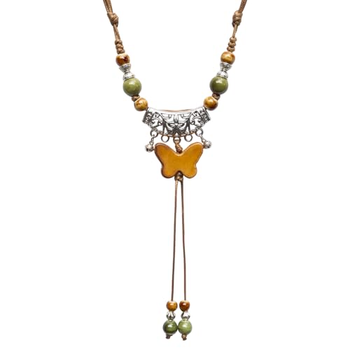 Boho Colorful Ceramic Bead Necklace for Women, Butterfly Pendant Necklace, Handmade Bohemian Statement Jewelry Gifts for Mom - color: Multi-Y