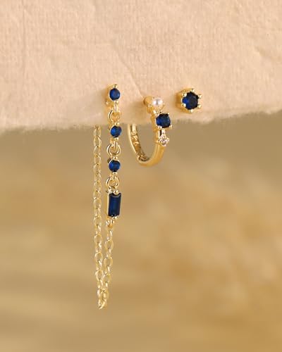 3 Pairs Small Earring Stacks, 14K Gold/Silver/Black/Rose Gold Plated Pearl Heart Butterfly Star Diamond Charm Drop Huggie Earrings Trendy Jewelry Gift for Women - color: Gold-Blue Chain