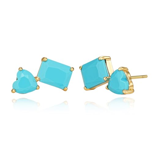 Turquoise Stud Earrings for Women, 14K Gold Plated Created Gemstone Minimal Design Everyday Boho Jewelry Gifts - style: Heart Square