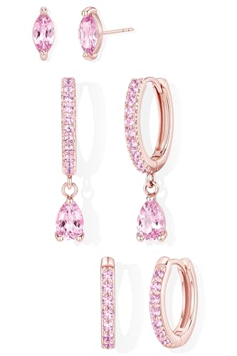 14K Gold Plated Small Huggie Hoop Earrings Set for Women, Hypoallergenic Dainty Sterling Silver Dangle Studs for Cartilage Helix, Lightweight Trendy Cute Stack Birthstone Jewelry Gift - color: 10_Pink Tourmaline_Oct_Rose Gold