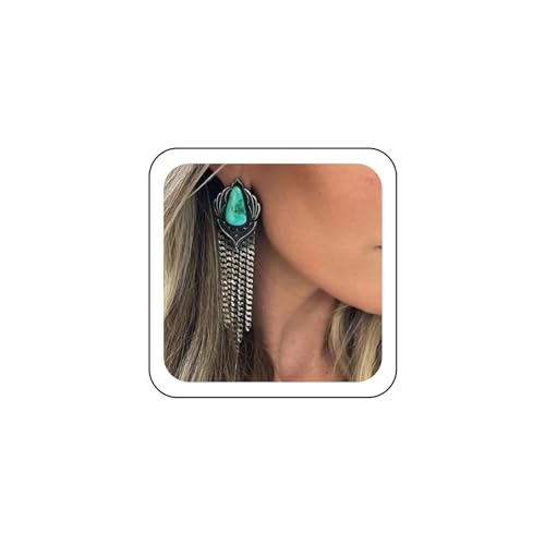 Boho Long Chain Tassel Dangle Earrings Ethnic Geometric Turquoise Stud Earrings Silver Fringe Chandelier Earrings Statement Jewelry for Women