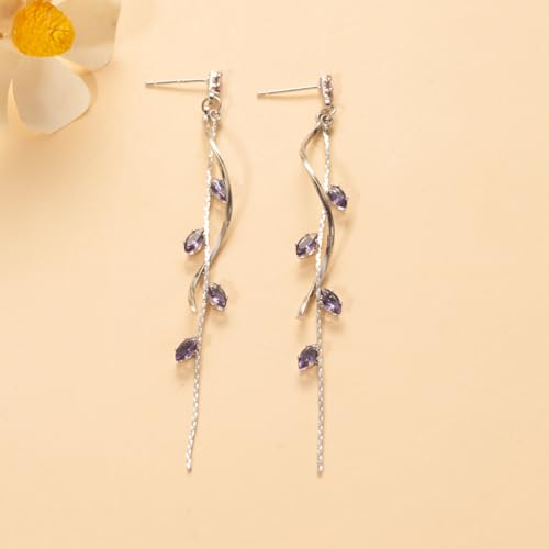 Temperament Long Zircon Tassel Earrings for Women Charm Jewelry Sparkling Crystal Leaves Twist Dangle Earrings for Friends - color: Silver-Purple Leaves