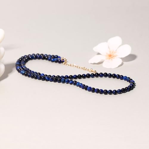 Simple Choker Necklace for Women Real Stone and Crystals Necklaces 4mm Beaded Choker Jewelry Meditation Gift for Women (16"+2") - style: Blue Tiger's Eye