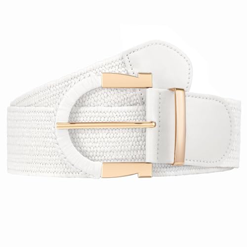 JASGOOD Straw Woven Belt for Women Dresses Boho Elastic Braided Belt Rattan Raffia Belts Ladies Wide Belt,1.97" Width - color: F-white, size: Fit waist size 25"-30"