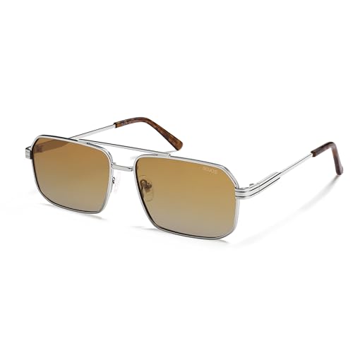 SOJOS Retro Polarized Square Sunglasses for Women Men Vintage Large Double Bridge UV Protection Metal Sun Glasses SJ1246 - color: Light Gunmetal/Yellow Grading