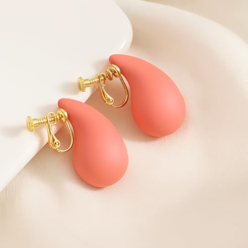 14K Gold Clip On Earrings Women,Teardrop Chunky Detachable Hoop Clip-On Earrings for Non Pierced Ears Hypoallergenic Lightweight Earring Clips - color: Carol Pink