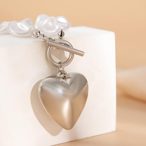 Statement Chunky Gold Heart Pendant Necklace for Women Trendy Boho Baroque Pearl Chain Choker Big Silver Love OT Buckle Necklaces Party Prom Jewelry Gift - color: Silver