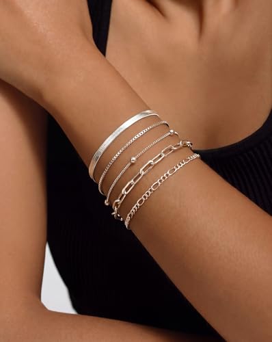 Dearmay Gold Bracelets for Women Waterproof, 14K Gold Plated Minimalist Bracelets Stack Non Tarnish Trendy Dainty Herringbone Vintage Cuban Paperclip Rope Thin Box Link Chain Stackable Jewelry Sets Modern Fashion Accessories Gifts for Womens - style: chai