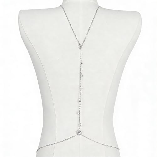 Sexy Crystal Back Chain Necklace for Women Rhinestone Simple Body Chain Gold Silver Backdrop Chain Body Jewelry Wedding Bridal Party Prom - color: Silver