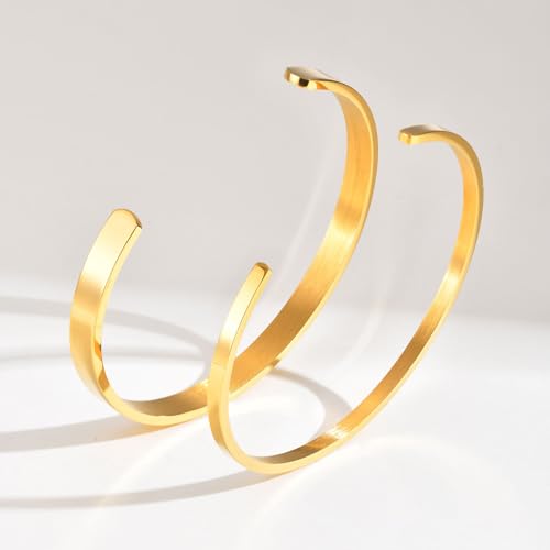 MEALGUET Stainless Steel Mens Cuff Bracelet : Minimal Cool Silver/Black/Gold Plated Open Metal Cuff Bangle Bracelets for Men,Mens Bracelet Jewelry Gift - color: Gold Plated-2-Pack, size: Medium( fit 5.5"-7.2" wrist)