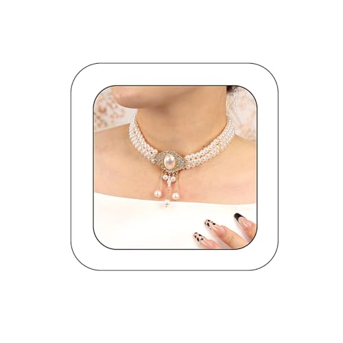 Bethynas Boho Layered Pearl Rhinestones Choker Necklace Vintage Chunky Pearl Crystal Pendant Short Necklace Chain Bridal Prom 1920s Costume Party Jewelry for Women - color: Pearl 2