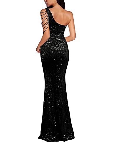 Women One Shoulder 1920s Plus Size Formal Dress Tassels Sleeve Sequins Gatsby Maxi Evening Gown - color: A-black, size: XX-Large
