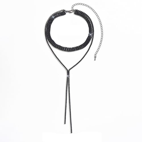Statement Layered Sparkly Crystal Choker Black Long Tassel Y Necklace for Women, Dainty Multilayer Silver Bling Rhinestone Necklaces Prom Jewelry Gift - color: Black