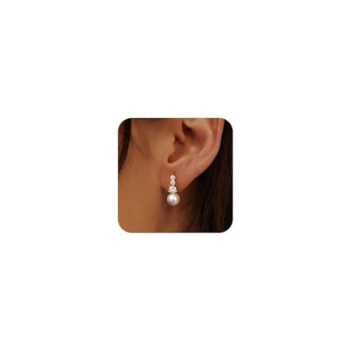 NECOCY Gold Dangle Earrings for Women Non Tarnish 14K Gold Plated Drop Wedding Hypallergenic Earring Dainty Long Hanging Chain CZ Pearl Threader Earrings Trendy Silver Plated Jewelry for Women - style: Gold&Style14
