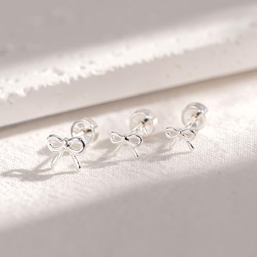 3 Pair Tiny Flat Back Earrings for Women - 14K Gold/White Gold Plated Dainty Cute Small Screw Flatback Stud Earring, Everyday Wear Gift - color: Bow Flat-4/5/6mm Silver
