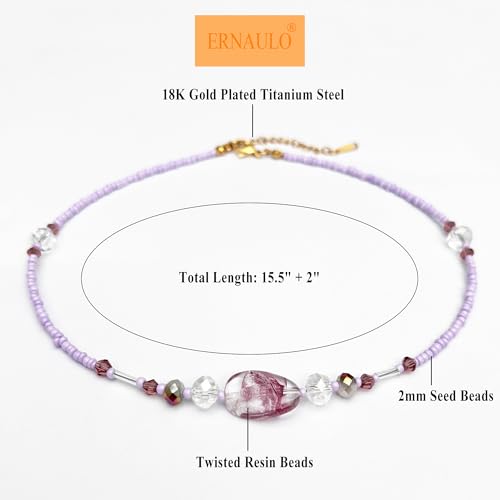 Beaded Necklaces for Women Summer Beach Beaded Necklace Bead Choker Boho Necklaces for Women Handmade Summer Jewelry Stainless Steel 18K Gold Plated - color: Purple