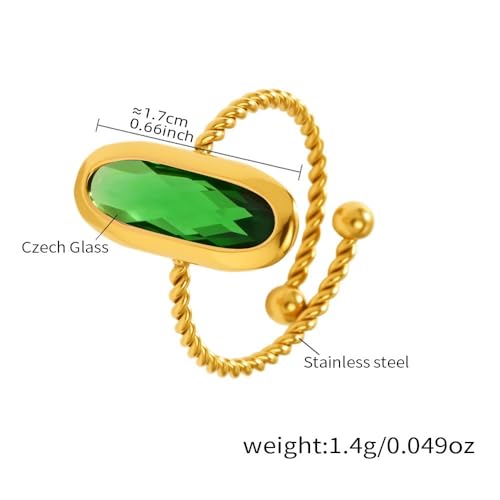18K Gold Plated Adjustable Twisted Rings for Women Non Tarnish Oval Czech Glass Stone Stainless Steel Statement Rings Open Gemstone Boho Stackable Band Jewelry - color: Green
