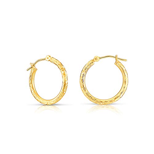 14k Yellow Gold Hand Engraved Diamond-cut Round Hoop Earrings - style: 18mm (0.7 inch)