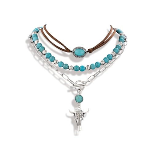 Western Necklaces Boho Layered Charm Necklace for Women Turquoise Beaded Choker Ox-head Pendant Necklace Western Jewelry for Women Cowgirl Accessories - color: Style-D