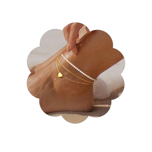 FindChic Black/Silver/Gold Plated Anklets Set of 2PCS/3PCS Herringbone Chain Cuban Link Heart Charm Sparkling Tennis Ankle Bracelets, Waterproof Summer Foot Jewelry for Beach - color: 05. Gold-2PCS Tennis & Beaded Heart
