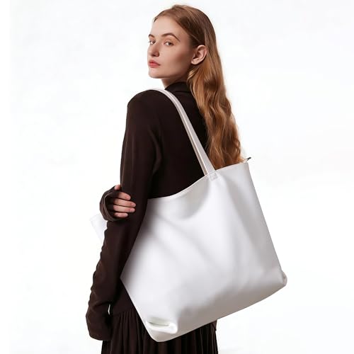 WLLWOO Soft Vegan Leather Tote Bag for Women Large Casual Hobo Handbags Zipper Shoulder Work Daily Weekender Travel Purse - color: White
