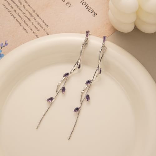 Temperament Long Zircon Tassel Earrings for Women Charm Jewelry Sparkling Crystal Leaves Twist Dangle Earrings for Friends - color: Silver-Purple Leaves