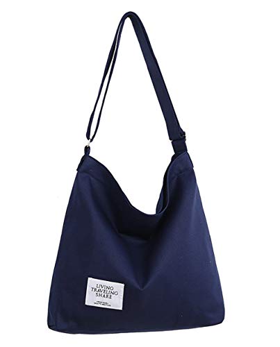 Covelin Women's Retro Large Size Canvas Shoulder Bag Hobo Crossbody Handbag Casual Tote - color: Navy Blue